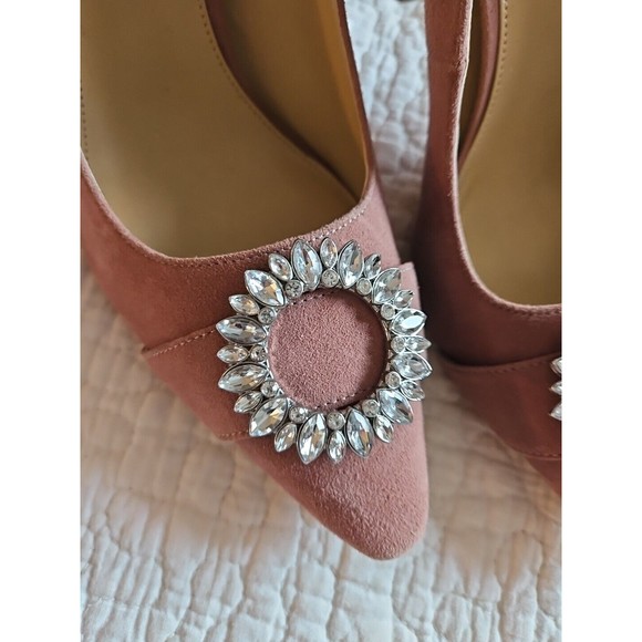 Michael Kors Suede Violet PUMP Dusty Rose Court Rhinestone Flower EUC - Picture 2 of 9